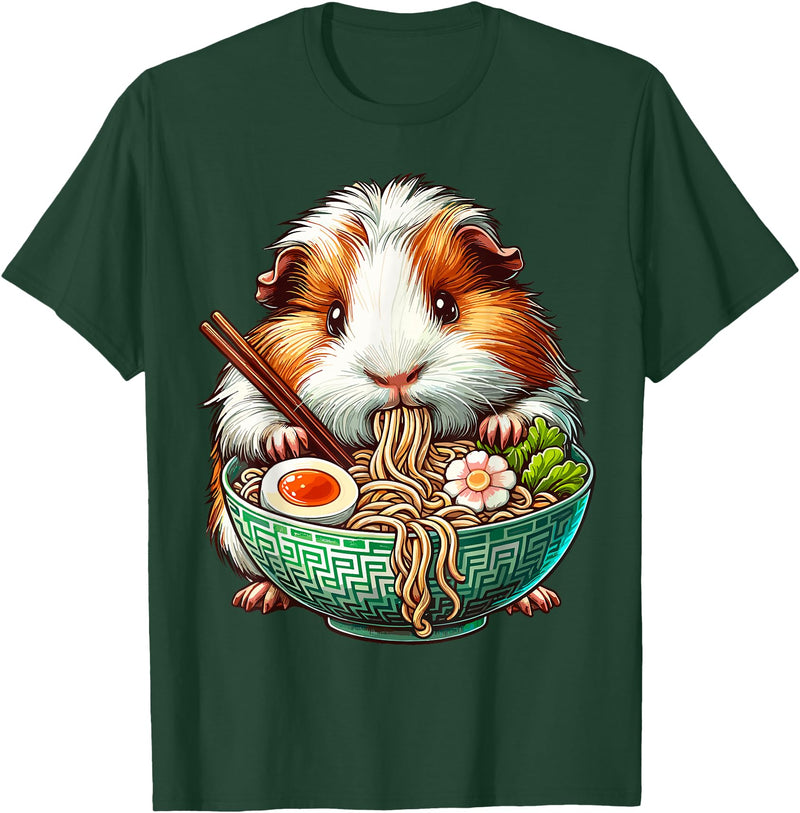Cute Guinea Pig Gifts Guinea Pig Eating Ramen Japanese Noodles T-Shirt - Dark Green