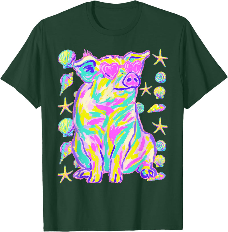 Coastal Summer Animals Beach Art Cute Pig with Hearts Sunglasses Seashells Coastal Summer T-Shirt - Dark Green