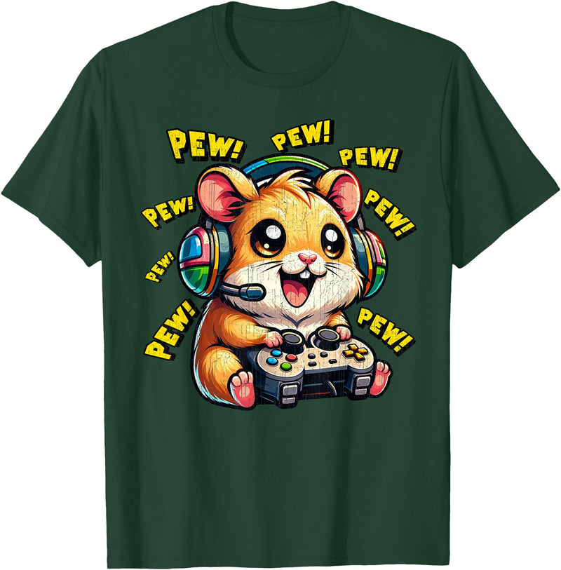Hamster Gamer Pew Funny Video Games Vintage Boys Men Girls T-Shirt - Dark Green