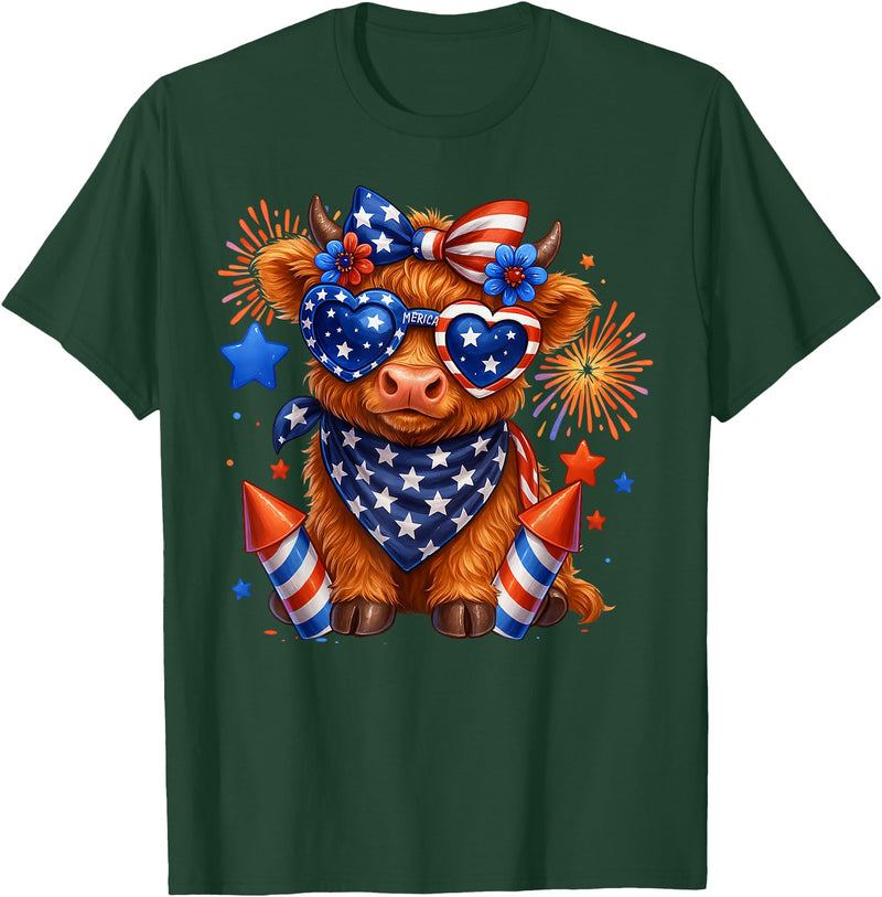 Cute Highland Cow 4th of July USA Flag Patriotic Cow Farmer T-Shirt - Dark Green