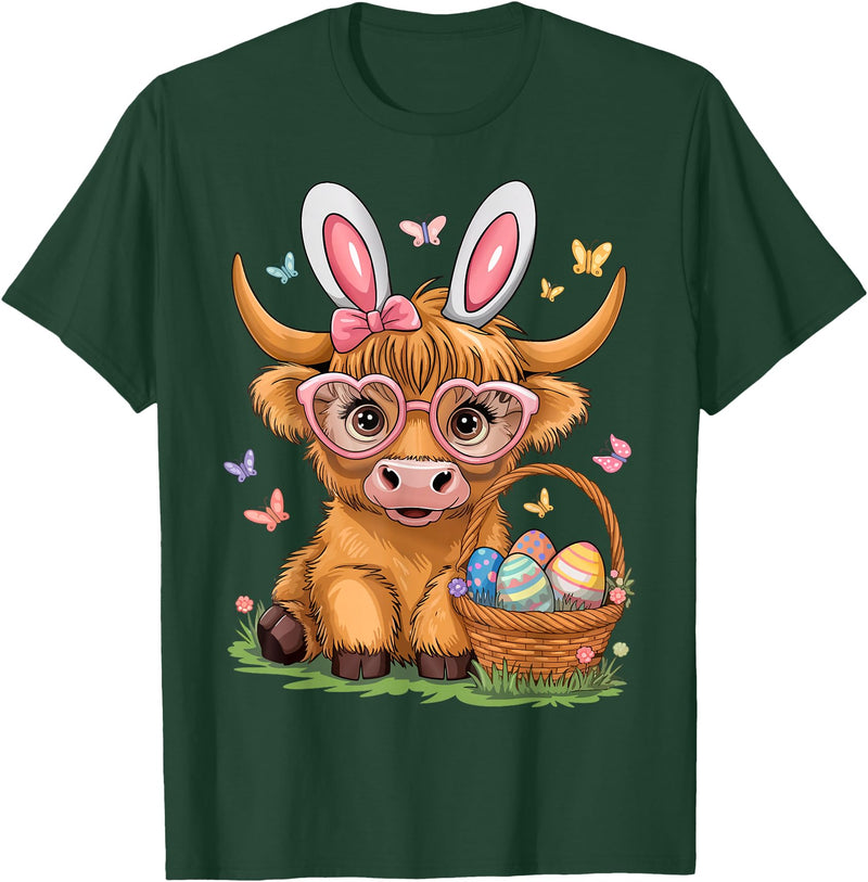 Bunny Highland Cow Easter Day Women Girls Easter Day Highland Cow Cute Easter Bunny Farmer Women Girls T-Shirt - Dark Green