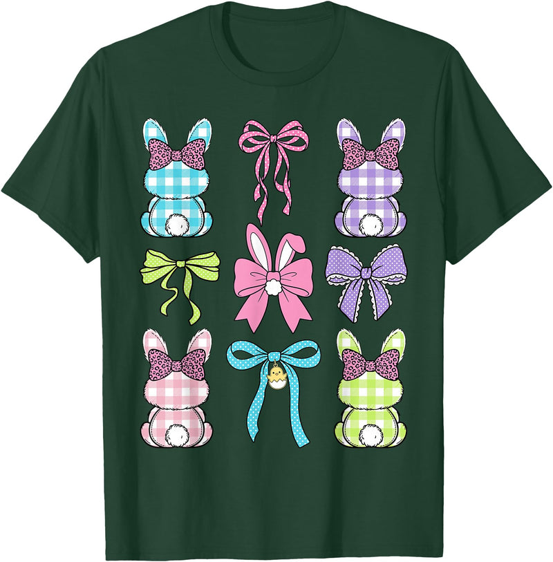 Cute Easter Day Coquette Bow Rabbit Easter Bunny Girls T-Shirt in Dark Green