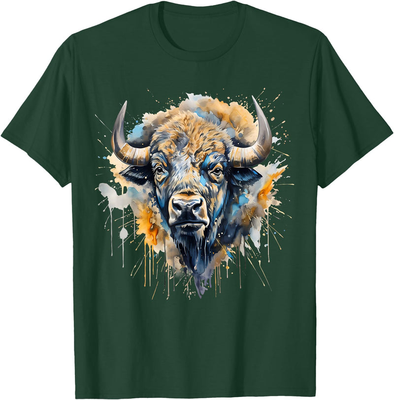 Safari Animal Art Buffalo Portrait Colorful Splash Artwork Wildlife Bison T-Shirt - Dark Green