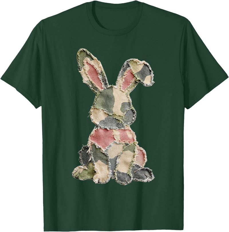 Funny Bunny Crochet Patchwork Camo Rabbit Happy Easter Day T-Shirt (Black) in Dark Green