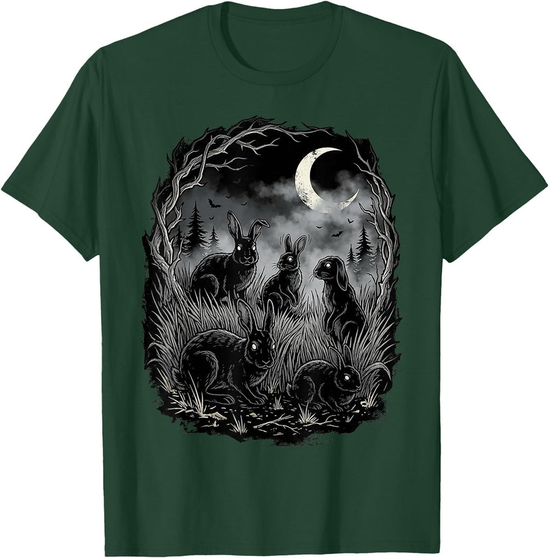 Midnight Woodland Rabbit Art Apparel Graphic Tees Creepy Black Rabbits Moonlit Forest Gothic Horror Halloween T-Shirt - Dark
