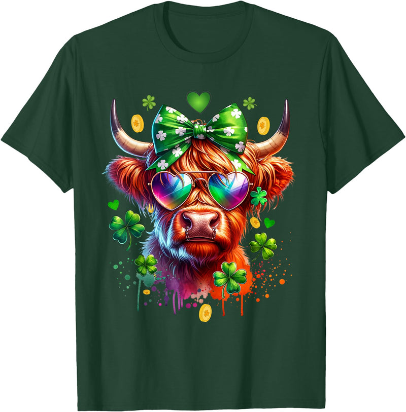 Funny St Paddy Highland Cow St Patricks Day Outfit Cute Highland Cow With Sunglasses St Patricks Day Funny T-Shirt - Dark