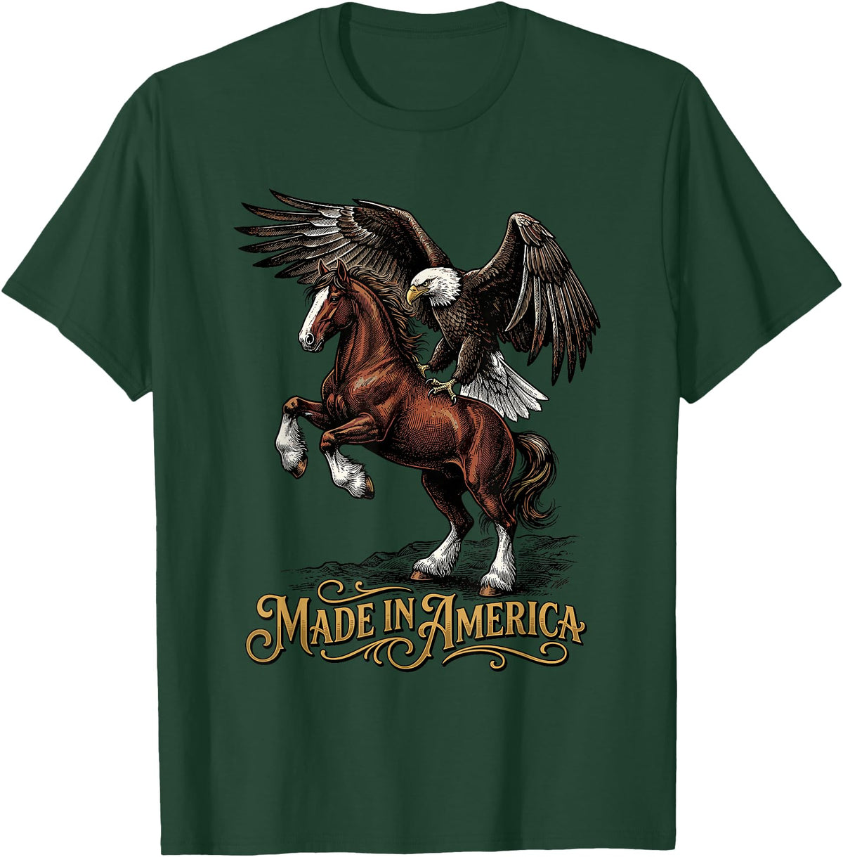 American Pride Horse Eagle Country Made in America Horse Eagle Patriotic Western T-Shirt - Dark Green