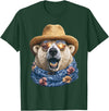 Whimsical Coastal Animals Beachgoers Cute Polar Bear with Sunglasses and Straw Hat Animal Summer T-Shirt - Dark Green