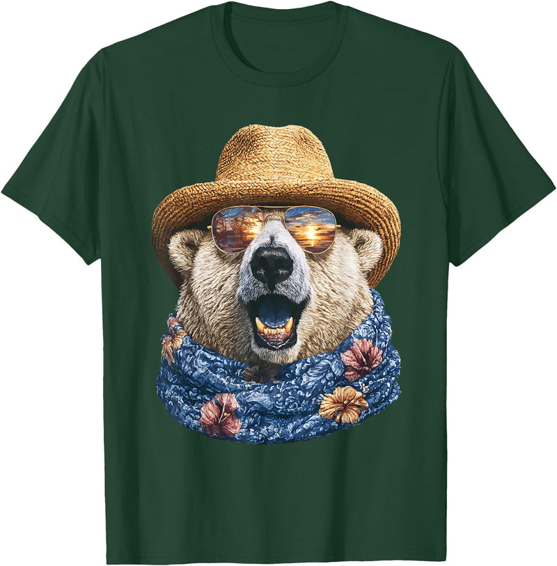 Whimsical Coastal Animals Beachgoers Cute Polar Bear with Sunglasses and Straw Hat Animal Summer T-Shirt - Dark Green