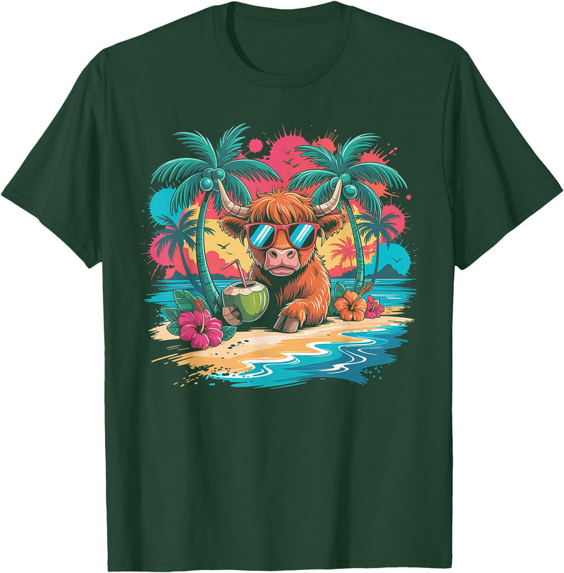 Summer Vibes Highland Cow Funny Beach Vacation Tee Tropical Highland Cow Summer Vibes Funny Beach T-Shirt - Dark Green