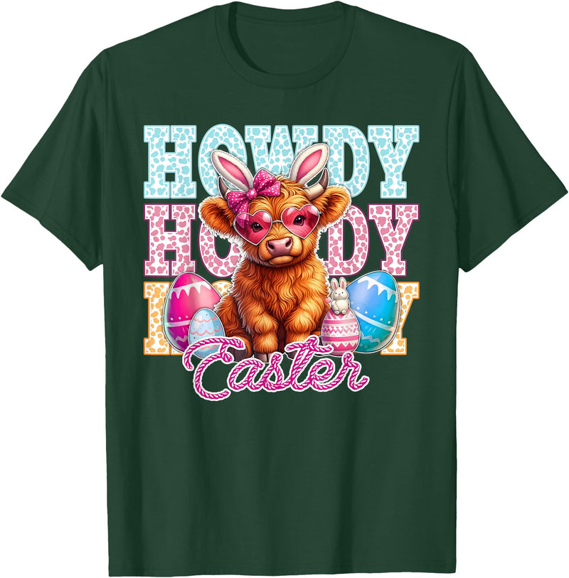 Highland Cow Easter Cute Western Farm Apparel Howdy Easter Cute Highland Cow Bunny Ears Western Easter T-Shirt - Dark Green
