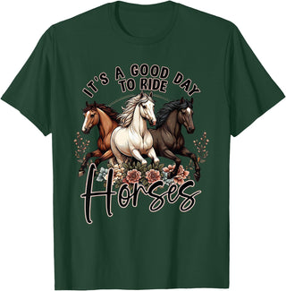 It's A Good Day to Ride Horses Floral Girls Womans T-Shirt - Dark Green