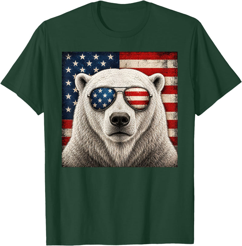 Retro Polar Bear USA Sunglasses July Fourth Polar Bear 4th of July US American Flag Patriotic T-Shirt - Dark Green