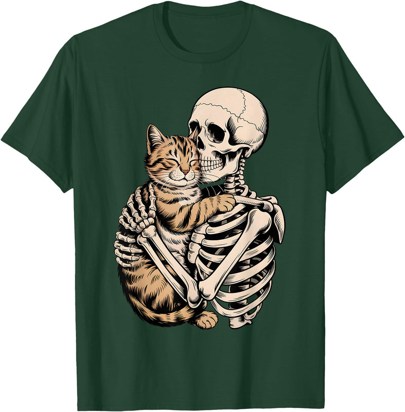 Halloween Skeleton Holding Cat Halloween Gift Idea Skeleton Hugging Cat Halloween Cat Lover Men Women Kids T-Shirt - Dark