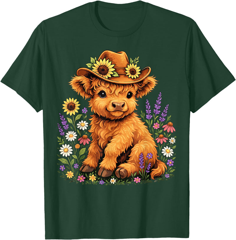 Floral Highland Cow Farm Animal Cute Highland Cow with Flowers and Cowboy Hat T-Shirt - Dark Green