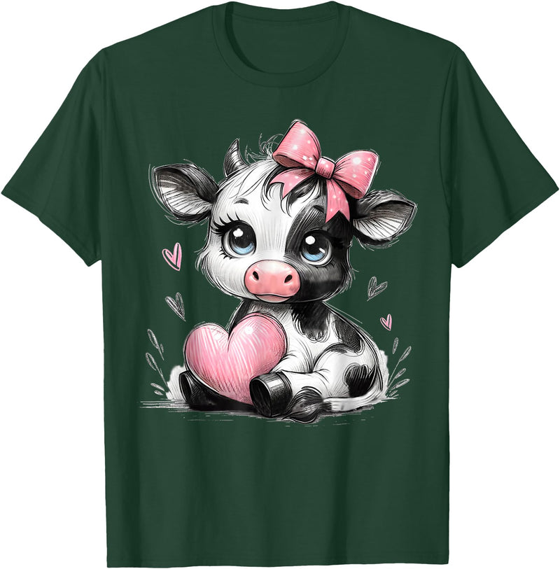 Cow Farmer Coquette Bow Tees Cute Baby Cow with Pink Coquette Bow Holding Heart T-Shirt - Dark Green
