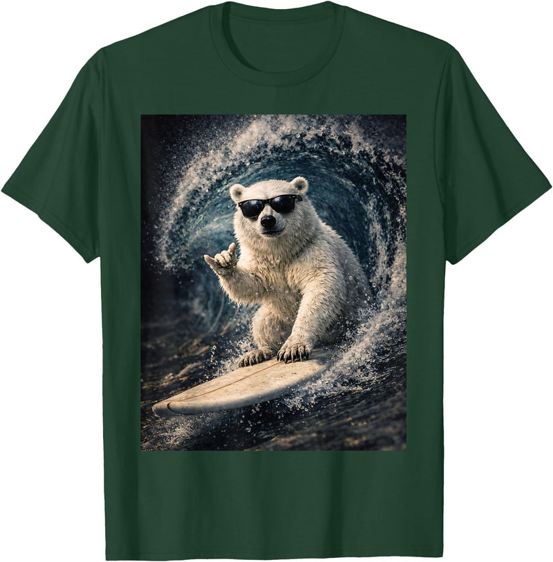 White Bear Surfing Waves Funny Animal Apparel Funny Polar Bear Surfer Catching Waves | Shaka Funny Animal T-Shirt - Dark Green