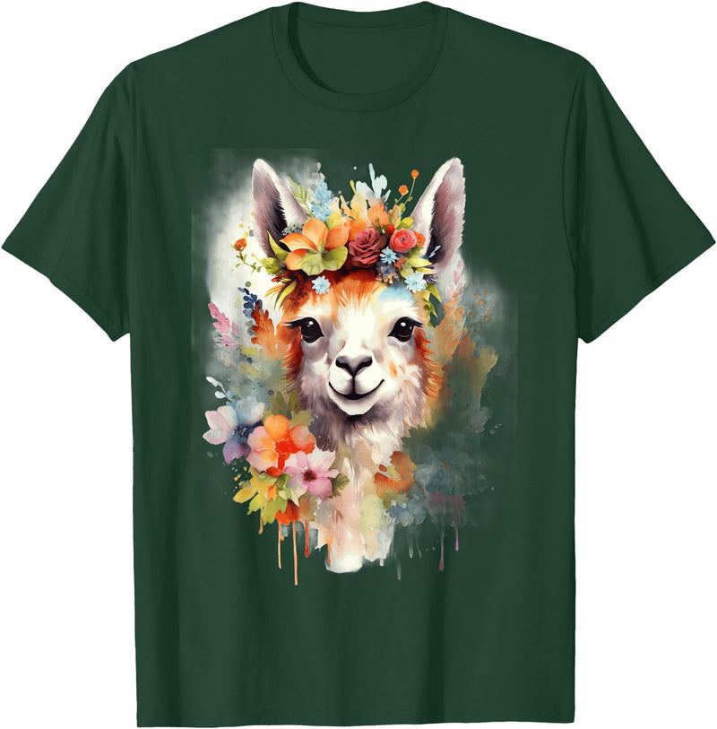 Llama Bloom Studio Cute Llama Floral Crown Watercolor Animal Art T-Shirt - Dark Green