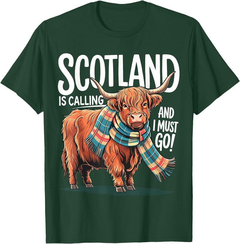 Funny Scottish Highland Cow Scotland is Calling and I Must go Scottish Highland Cow T-Shirt - Dark Green