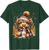 Highland Cow Land of NYC Cute Highland Cow Christmas Trees Winter Hot Cocoa Chocolate T-Shirt - Dark Green