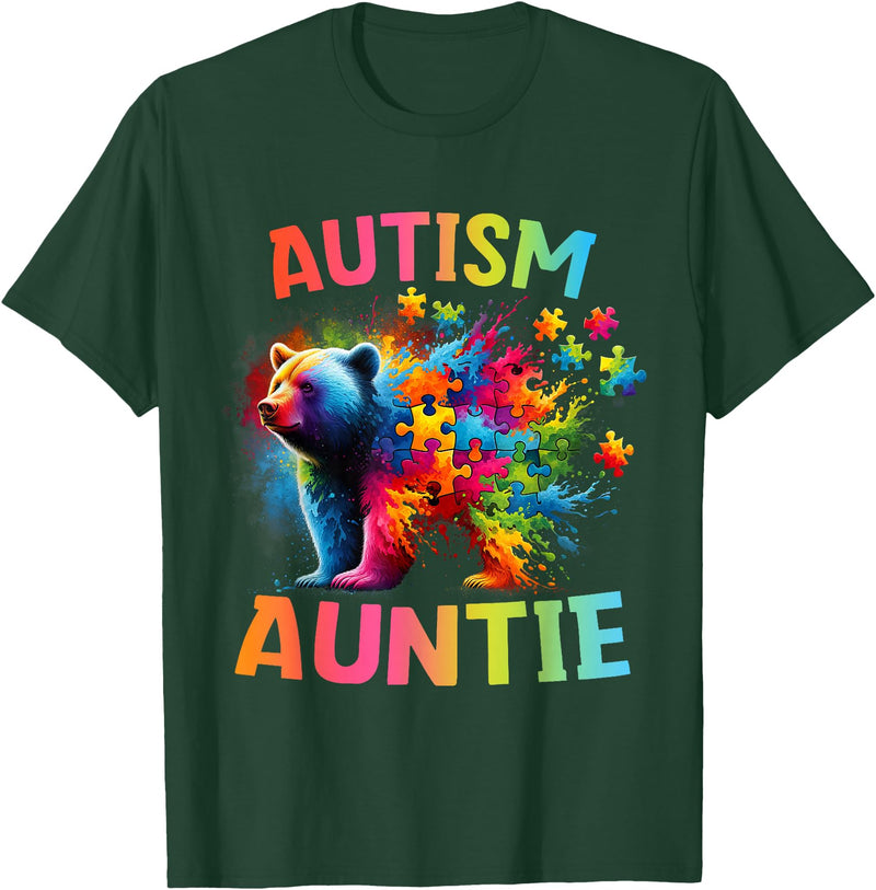Colorful Rainbow Family Bear Autism Awareness Autism Auntie Colorful Rainbow Auntie Bear Autism Awareness T-Shirt - Dark Green