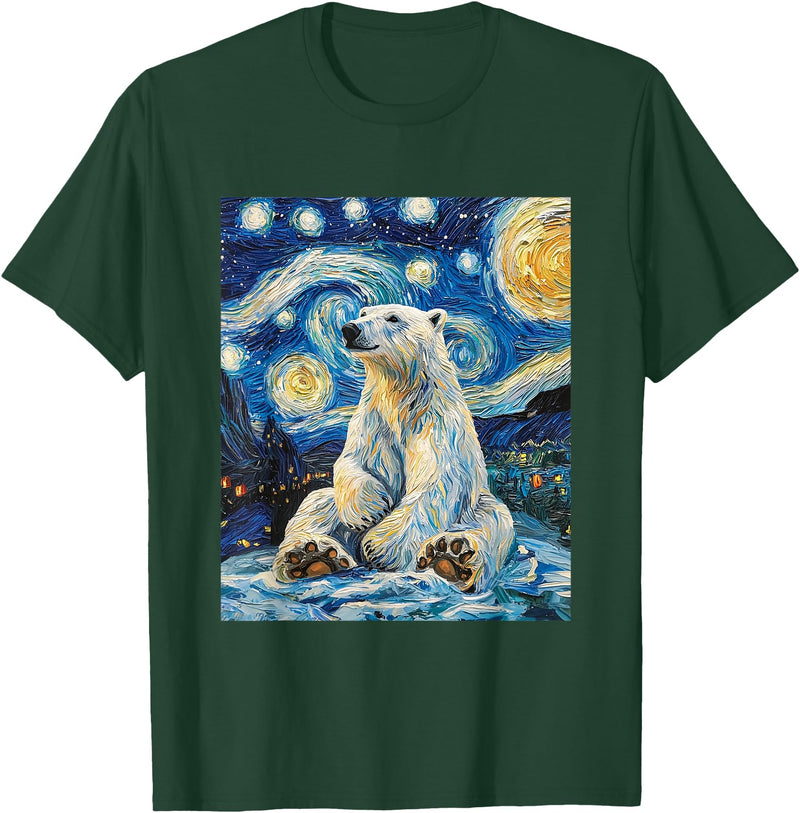 Bear Designs. Cute Polar Bear Van Gogh Style Starry Night Funny Graphic T-Shirt - Dark Green