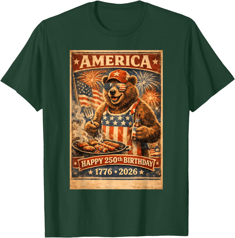 USA Birthday 250th American Spirit Tees All Ages Celebrate 250 Years with Fun Bear BBQ Graphic T-Shirt - Dark Green