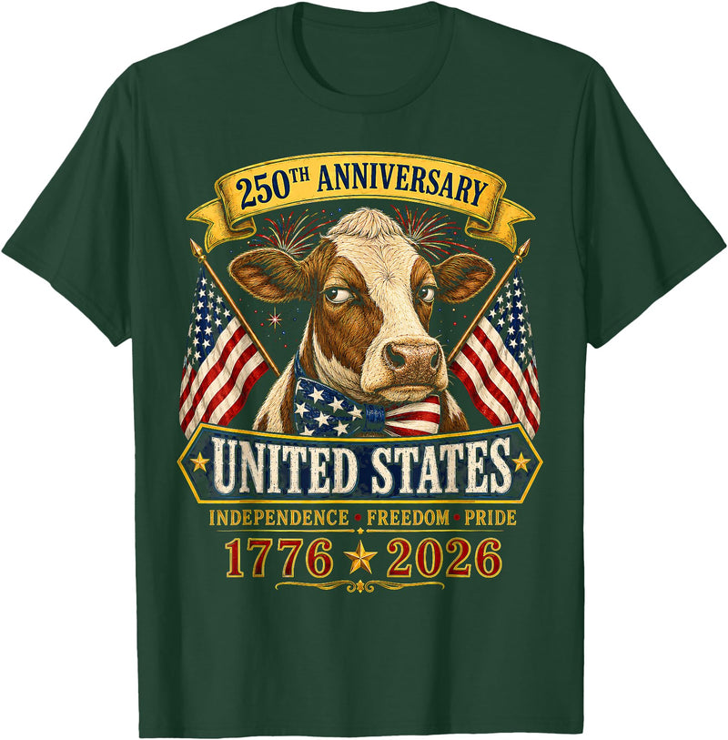 Patriotic 250 Years of Freedom 1776-2026 250 Years America Cow Patriotic USA 4th of July T-Shirt - Dark Green