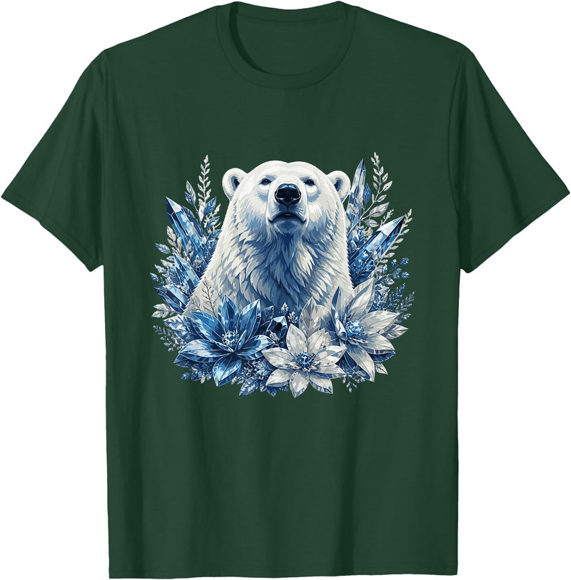 Arctic Polar Bear Winter Floral Nature Ice Blue Snow Polar Bear with Winter Flowers T-Shirt - Dark Green
