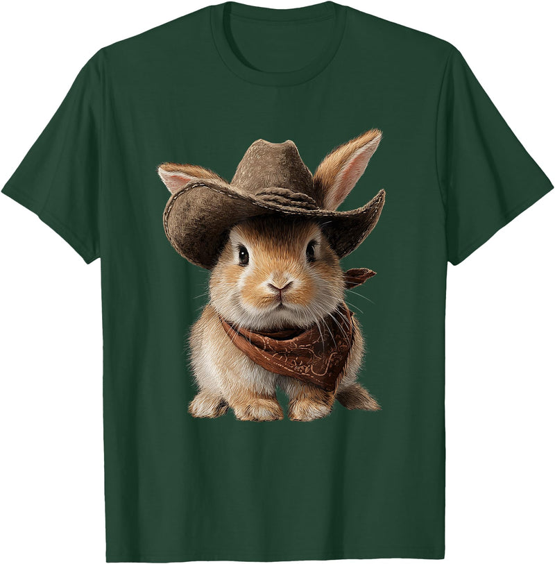 Cute Bunny Rabbit Cowboy Hat Easter Day T-Shirt in Dark Green