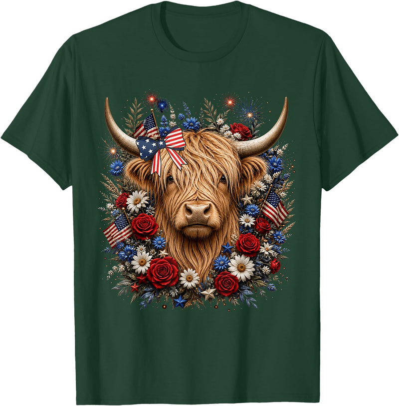 Funny July 4th Highland Cow Farm Lovers Highland Cow Florals 4th of July USA Flag Patriotic Women T-Shirt - Dark Green