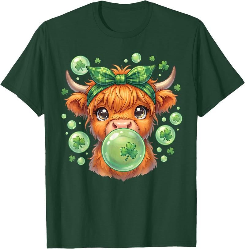 St. Patricks Day Highland Cow Blowing Bubblegum Celebrate St Patricks Day T-Shirt - Dark Green