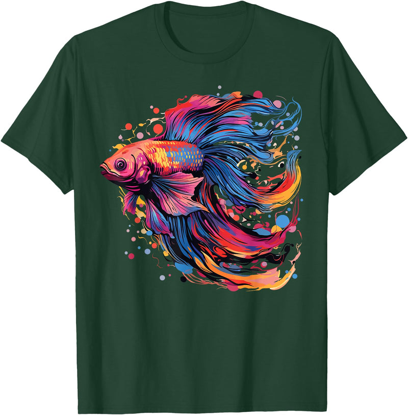 Betta Fighting Fish Splash Art Colorful Betta Fish Lover Splash Art Siamese Fighting Fish T-Shirt - Dark Green