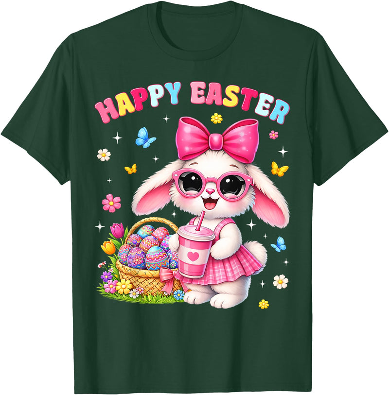 Happy Easter Coquette Easter Egg Rabbit Bunny Women Girl Kid T-Shirt in Dark Green