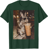Rabbit Drinking Iced Coffee Funny Easter Bunny Men Women T-Shirt in Dark Green