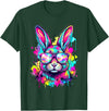 Happy Easter Bunny Face Tie Dye Bunny Rabbit with Glasses T-Shirt in Dark Green