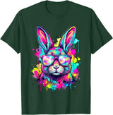 Happy Easter Bunny Face Tie Dye Bunny Rabbit with Glasses T-Shirt in Dark Green