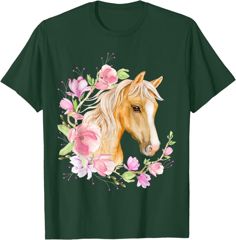 DB Trading Post Palomino Horse, Magnolias, Horse Lovers, Blonde Horse Floral T-Shirt - Dark Green
