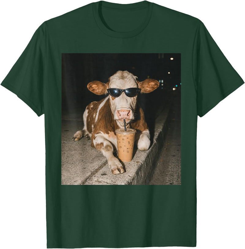 Funny Cow Drinking Iced Coffee Meme Cow Drinking Iced Coffee Funny Animal Meme Tee T-Shirt - Dark Green