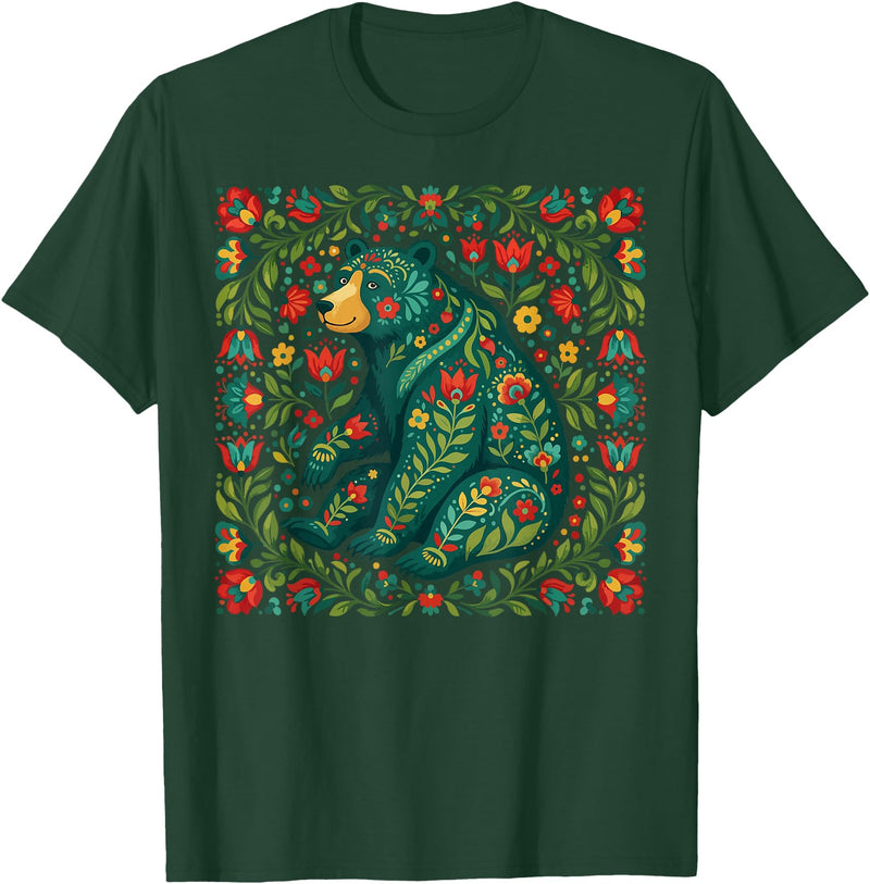 Nordic Scandinavian Folk Art Flower Designs Scandinavian Folk Art Bear Floral Pattern Nordic Animal T-Shirt - Dark Green