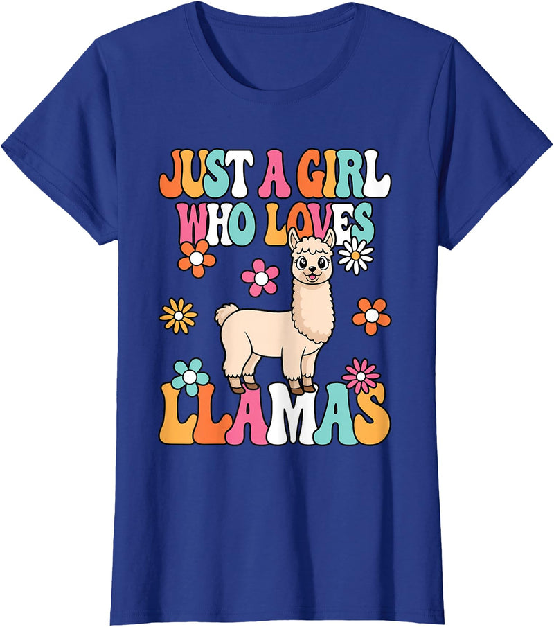 BALARI Just A Girl Who Loves Llamas Cute Groovy Alpaca Llama Kids T-Shirt - Royal Blue