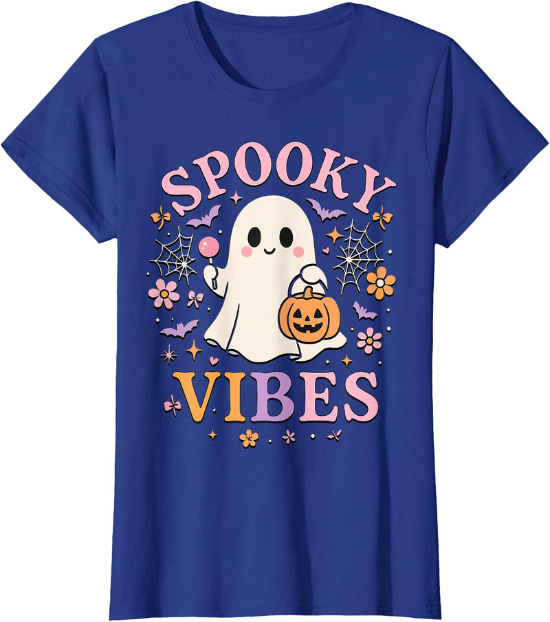 Girls Halloween Ghost Coquette Vibes Tees Spooky Vibes Cute Ghost Halloween for Girls Trick or Treat T-Shirt - Royal Blue