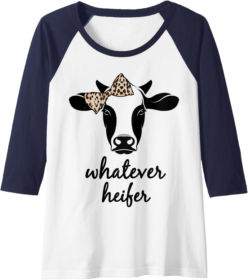 Daphne Ranching Tees Womens Whatever Heifer Funny Cow With Leopard Print Bow Cowgirl Raglan Baseball Tee - Navy Blue/White