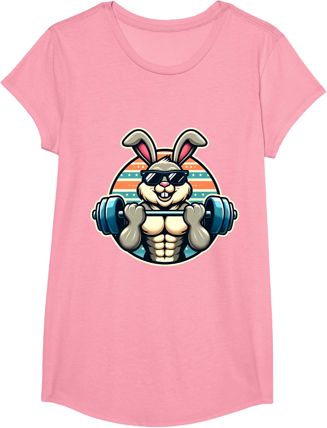 Happy Easter Bunny Rabbit Lifting Weights Training Muscular T-Shirt - Girls Pink