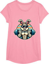 Happy Easter Bunny Rabbit Lifting Weights Training Muscular T-Shirt - Girls Pink