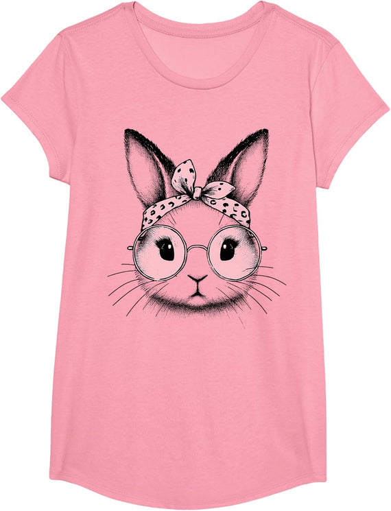 Bunny Easter Day Pink Bandana Glasses Rabbit Women Girl Kid T-Shirt - Girls Pink