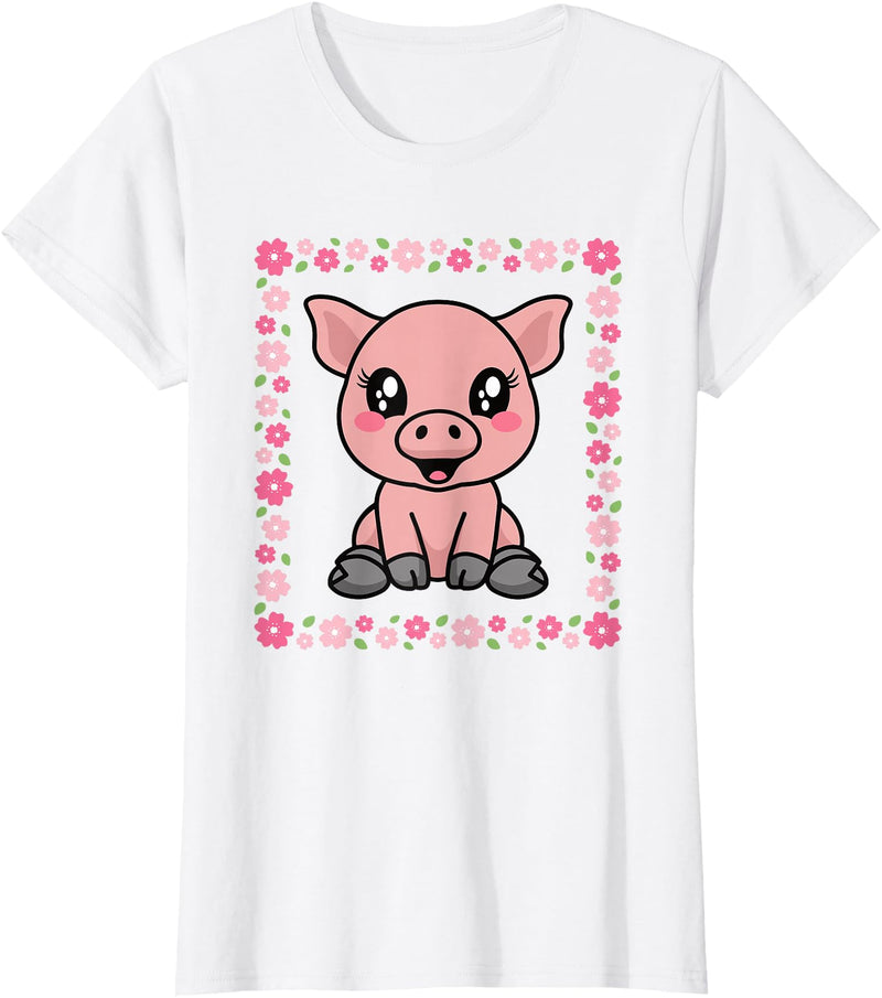 EDILILU Cute Pig Kawaii Pig Lover Piglet Women Girls T-Shirt - White