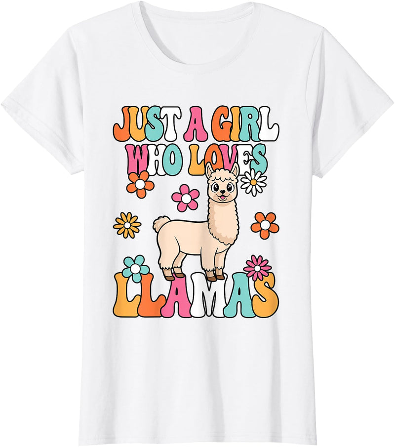 BALARI Just A Girl Who Loves Llamas Cute Groovy Alpaca Llama Kids T-Shirt - White