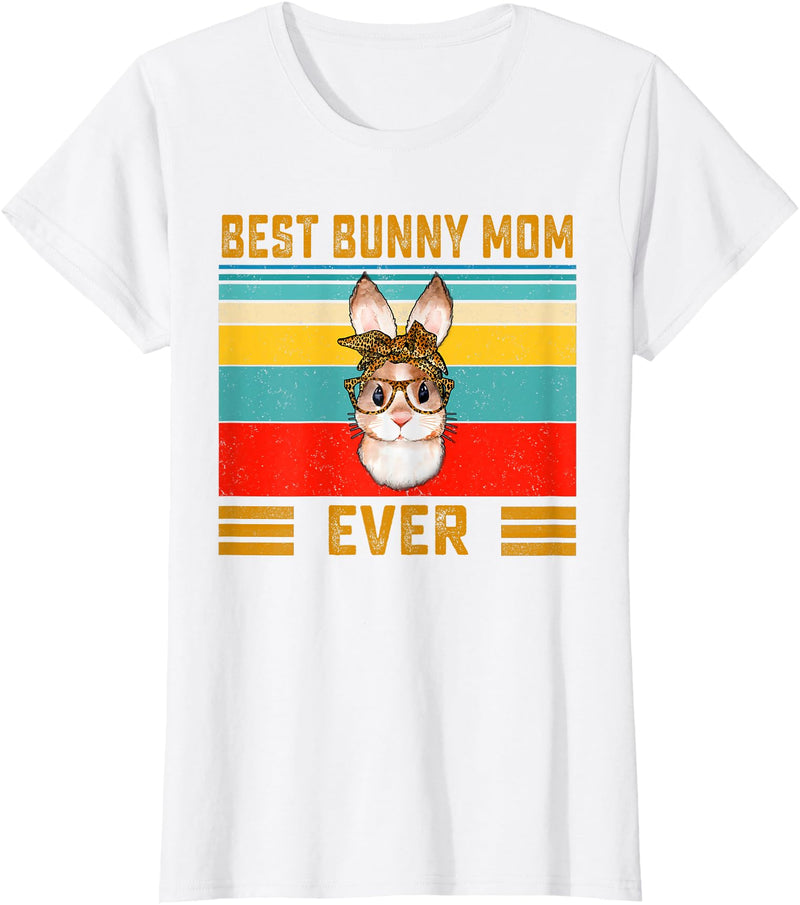Best Bunny Mom Ever Leopard Print Rabbit Bandana T-Shirt in White