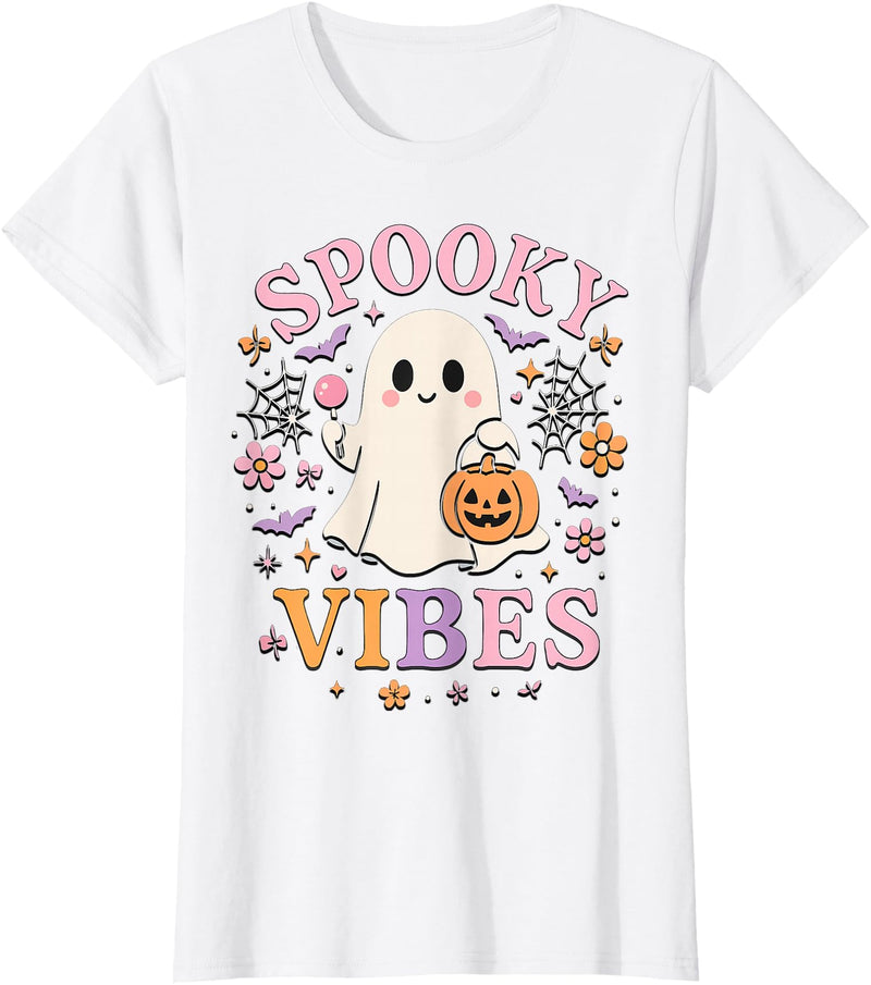 Girls Halloween Ghost Coquette Vibes Tees Spooky Vibes Cute Ghost Halloween for Girls Trick or Treat T-Shirt - White
